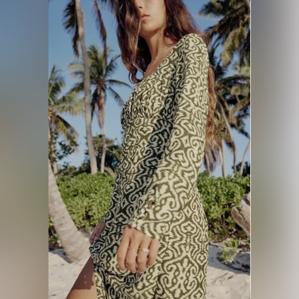 ZARA ECRU KHAKI SWEETHEART NECKLINE OPEN BACK PRINTED MIDI DRESS